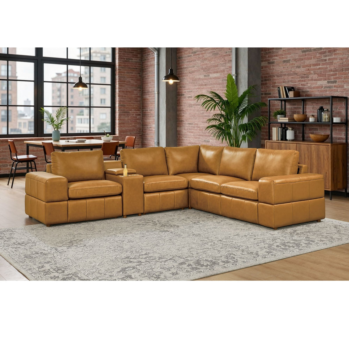 Light brown modular sectional sofa with large square arms and corner section