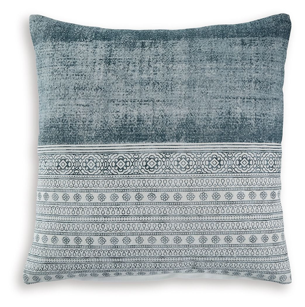 Blue and white patterned throw pillow with geometric stripe border