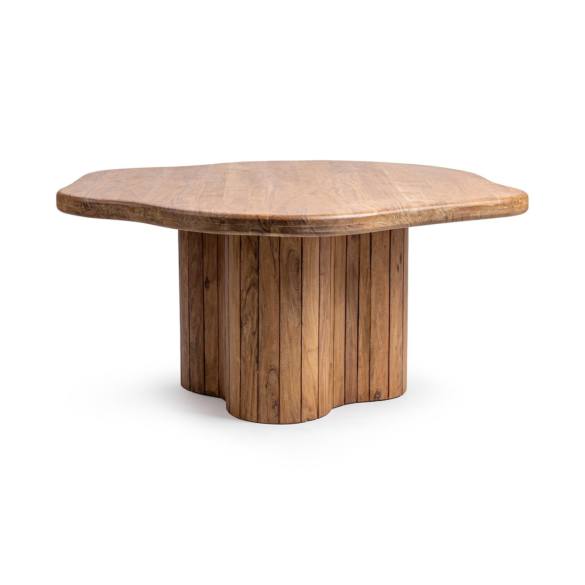 Round dining table with smooth wood finish and central pedestal support