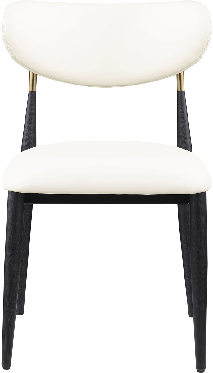 Upholstered dining side chair with white seat and rounded back, black legs