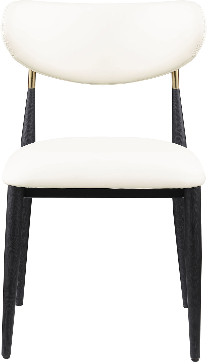Upholstered dining side chair with white seat and rounded back, black legs