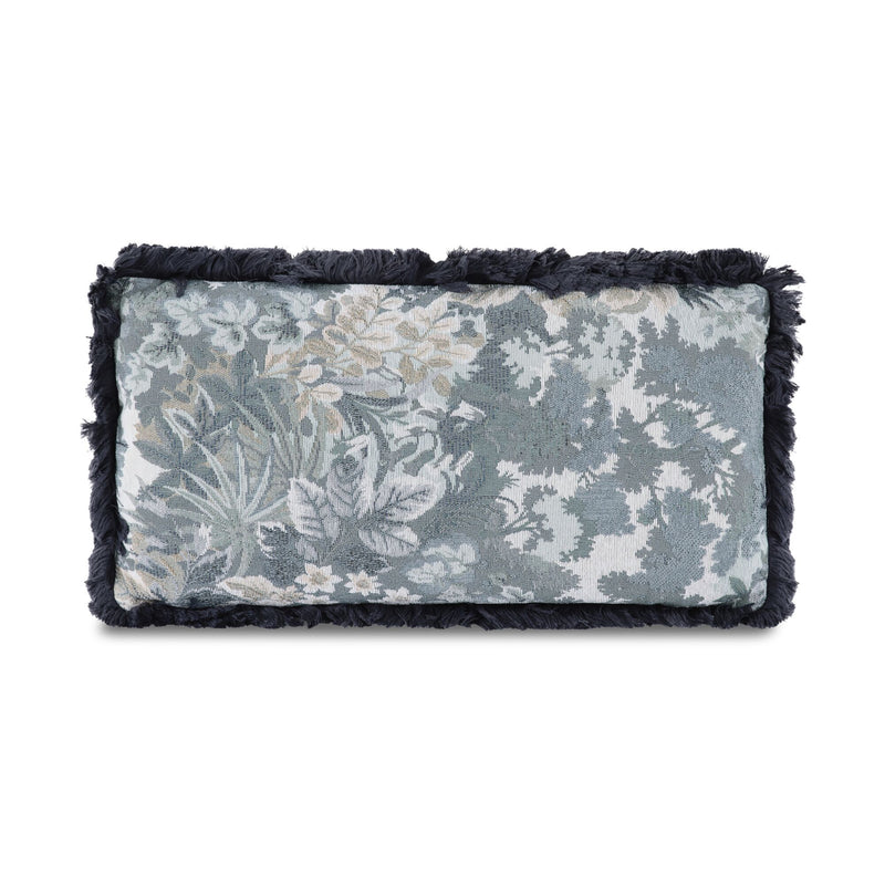Rectangular blue-gray tapestry lumbar cushion with botanical pattern and dark fringed edges