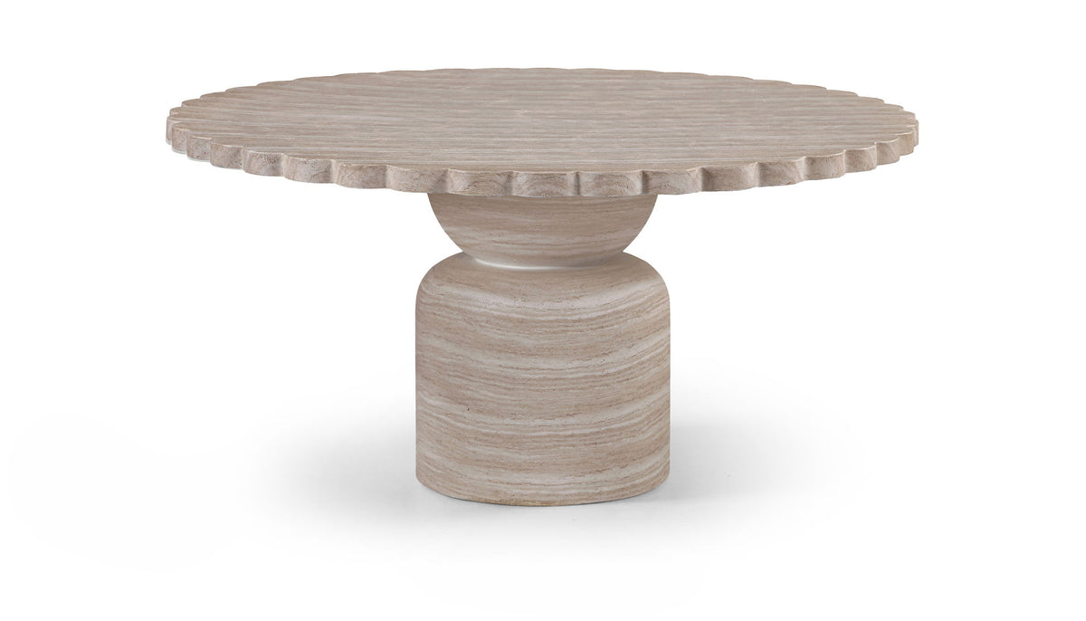 Round indoor/outdoor table with segmented edge top and stacked pedestal base in light wood.