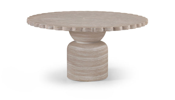 Round indoor/outdoor table with segmented edge top and stacked pedestal base in light wood.