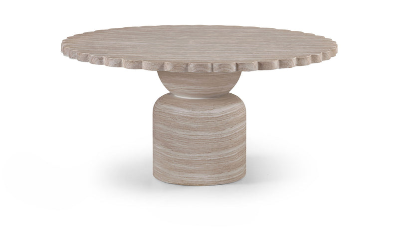 Round indoor/outdoor table with segmented edge top and stacked pedestal base in light wood.