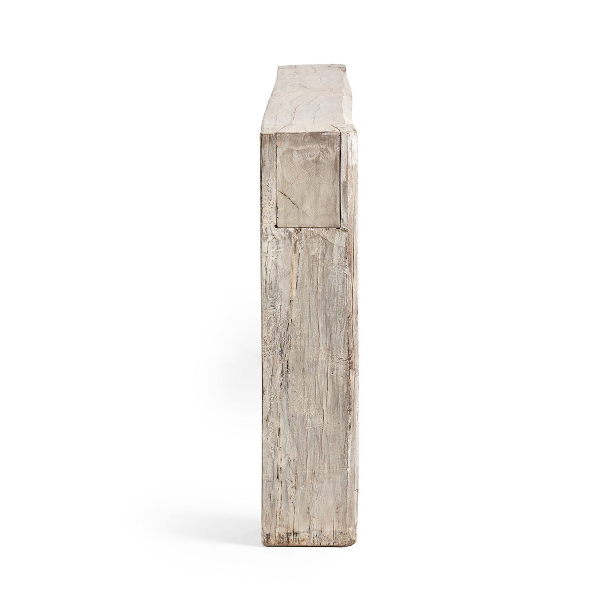 Console table end view in light reclaimed wood with stacked board look.