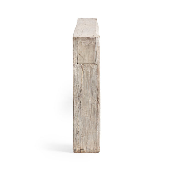 Console table end view in light reclaimed wood with stacked board look.