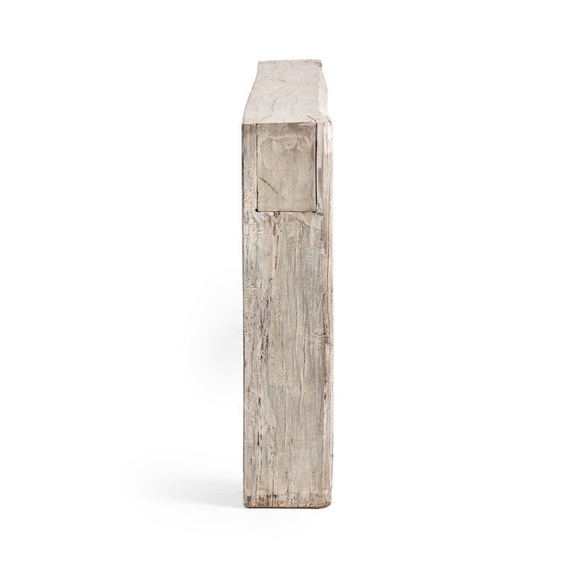 Console table end view in light reclaimed wood with stacked board look.