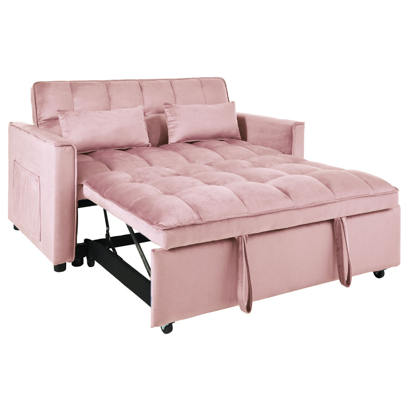 Pink velvet-look convertible sofa bed with tufted seat cushions and pull-out mattress