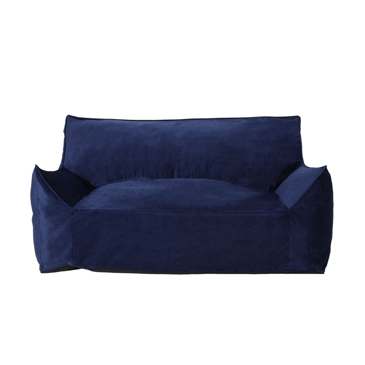 Blue oversized bean bag chair with armrests, thick backrest and cushioned seat