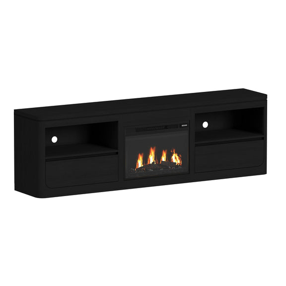 Black entertainment TV console with side cabinets and center fireplace insert