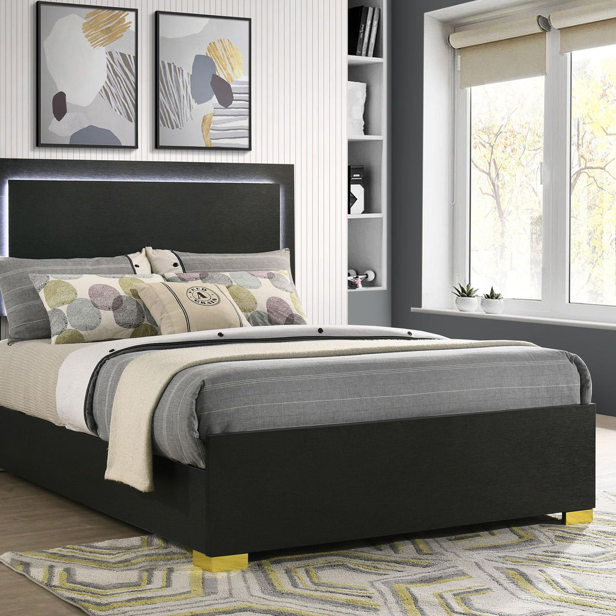 Marceline Wood Full LED Panel Bed Black