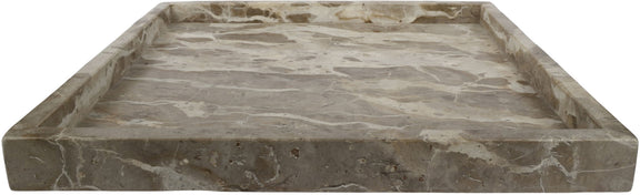 Rectangular pale gray marble tray with swirling veining and low raised rim