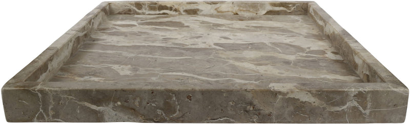 Rectangular pale gray marble tray with swirling veining and low raised rim