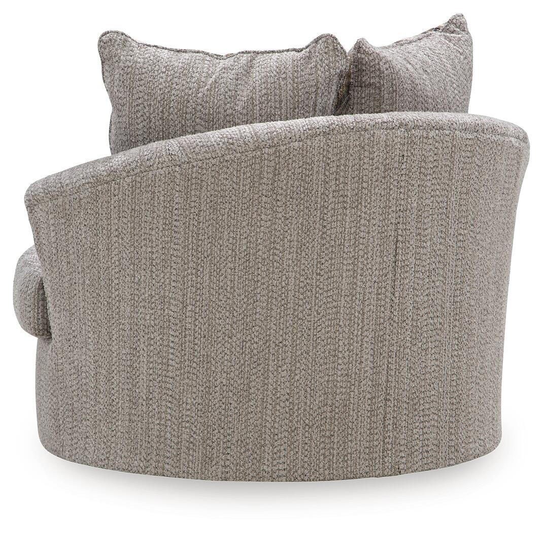 Gray swivel accent chair with textured fabric and two matching striped throw pillows
