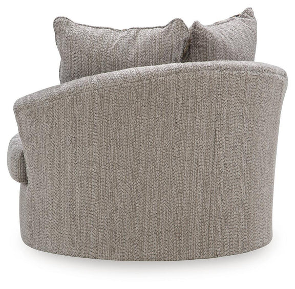 Gray swivel accent chair with textured fabric and two matching striped throw pillows