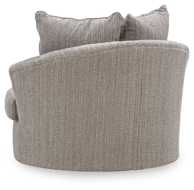 Gray swivel accent chair with textured fabric and two matching striped throw pillows