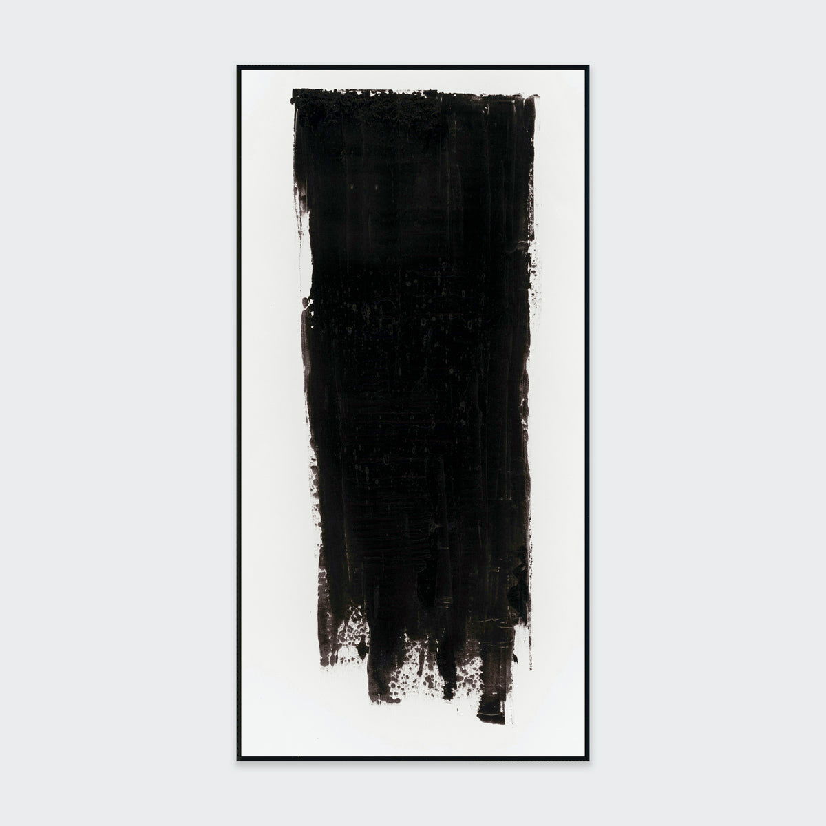 Framed black abstract painting with vertical textured strokes on white background