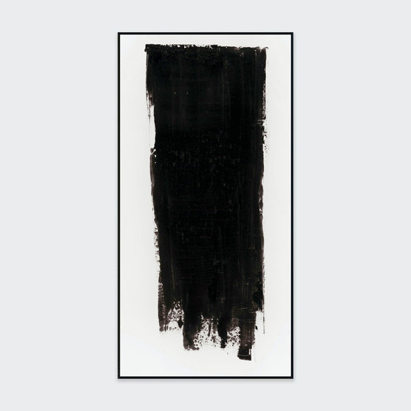 Framed black abstract painting with vertical textured strokes on white background