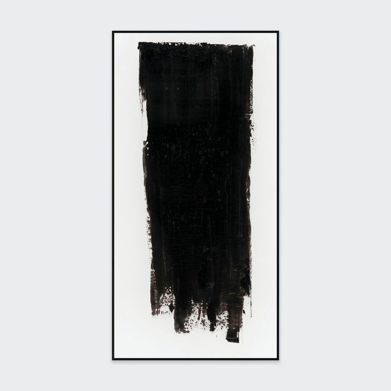 Framed black abstract painting with vertical textured strokes on white background
