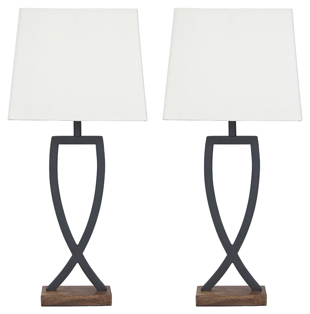 Set of 2 metal table lamps with cream shades, black curved bases, brown feet