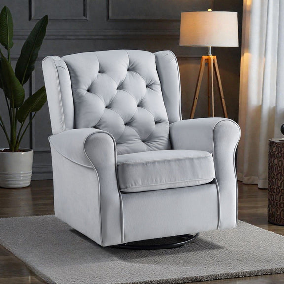Gray glider chair with tufted seat back, padded rolled arms, and smooth swivel base