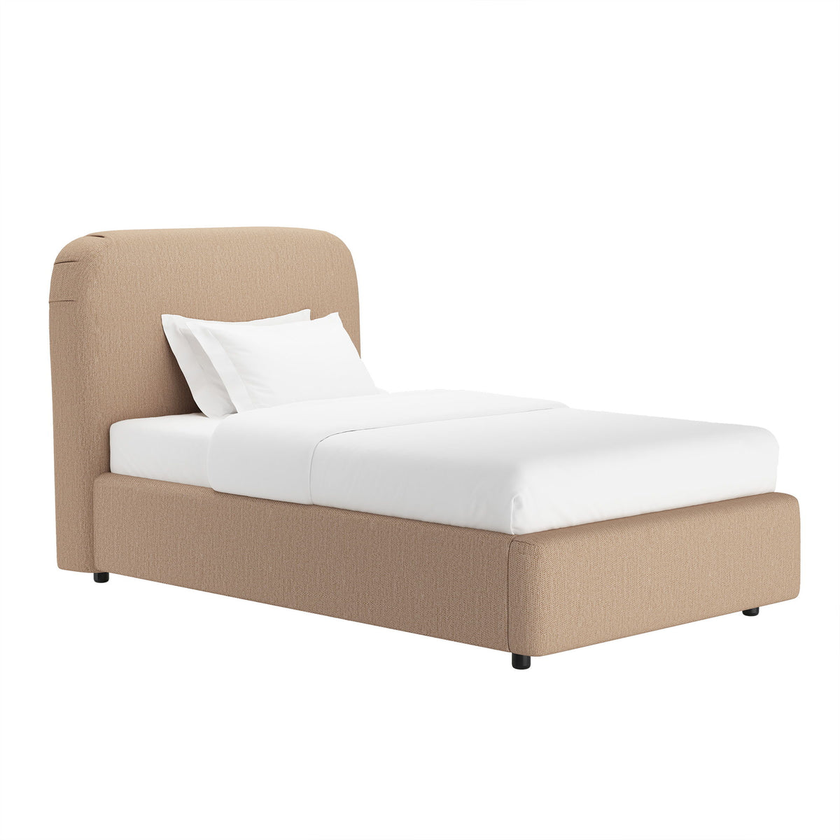 Light brown upholstered bed with rounded headboard and white bedding set