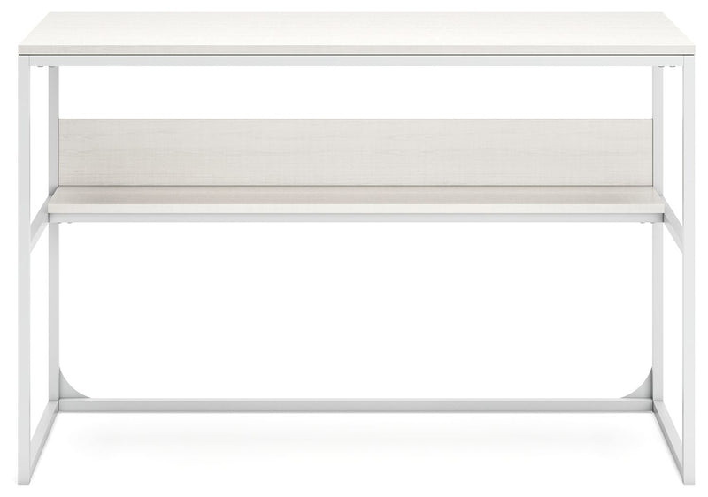 White home office desk underside view with open lower shelf and metal supports