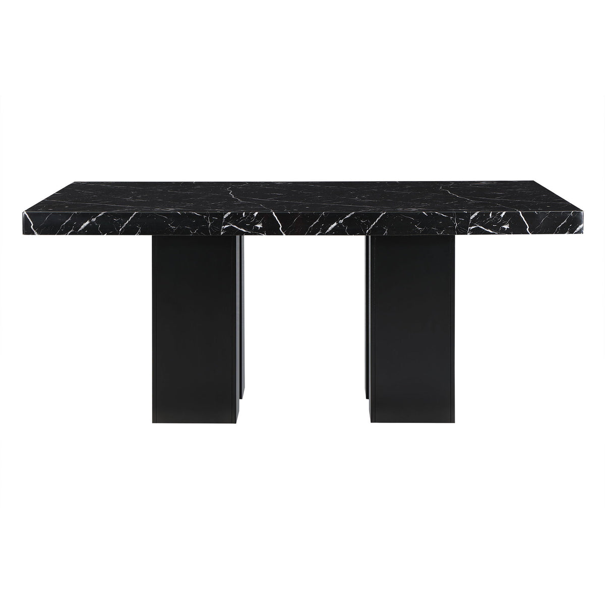 Black dining table with black marble-pattern top and four pedestal legs
