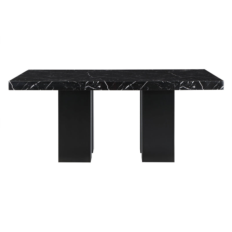 Black dining table with black marble-pattern top and four pedestal legs
