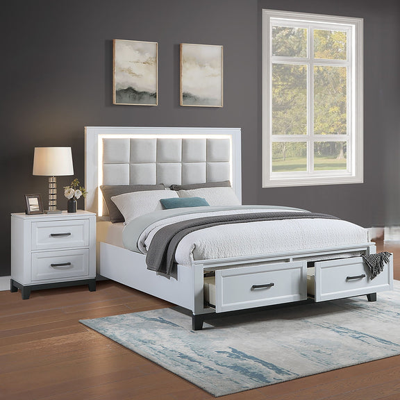 White bedroom bed with tufted LED headboard, underbed drawers, and matching nightstand