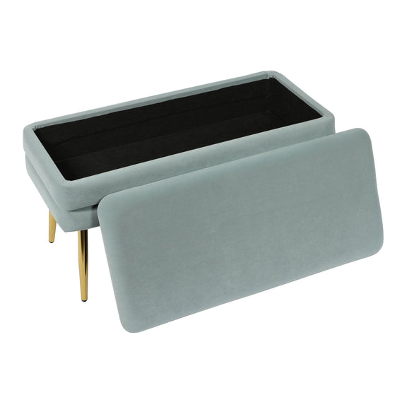 Ziva velvet storage bench in light blue-gray with open lid and dark interior.