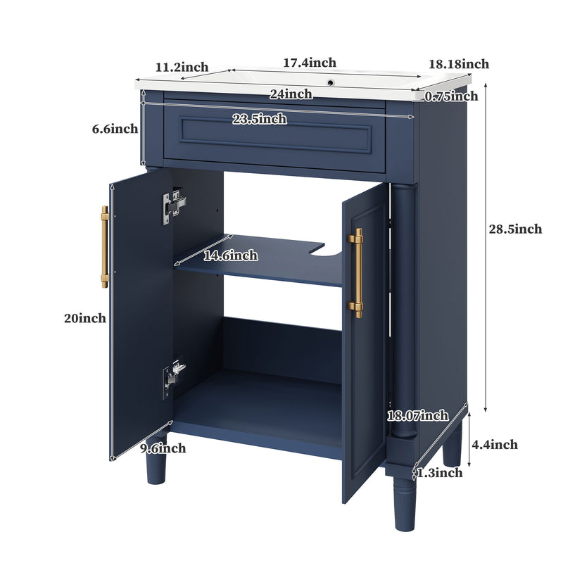 Blue bathroom vanity cabinet with open double-door storage and built-in sink