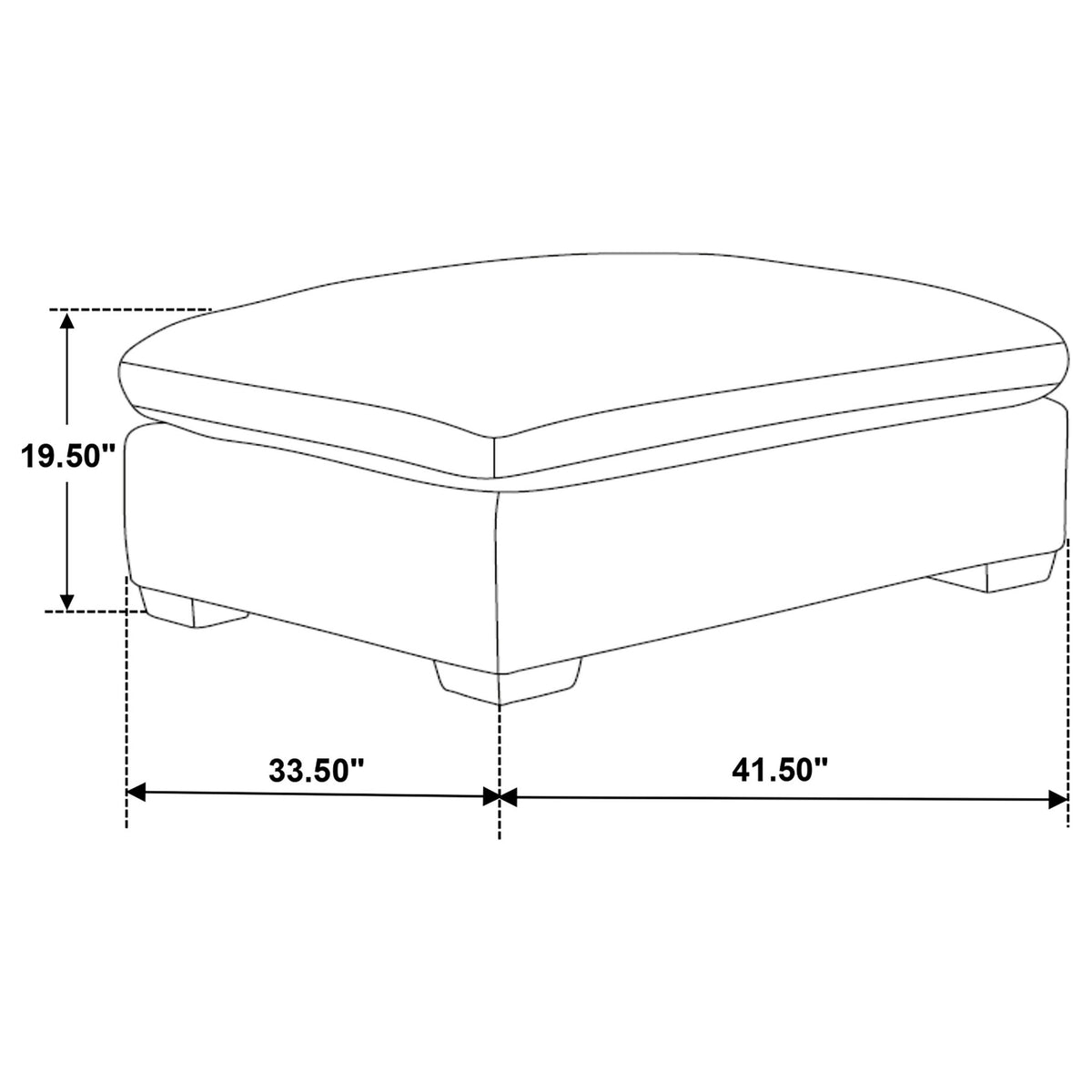 Upholstered ottoman side view dimensions diagram, showing height and width.