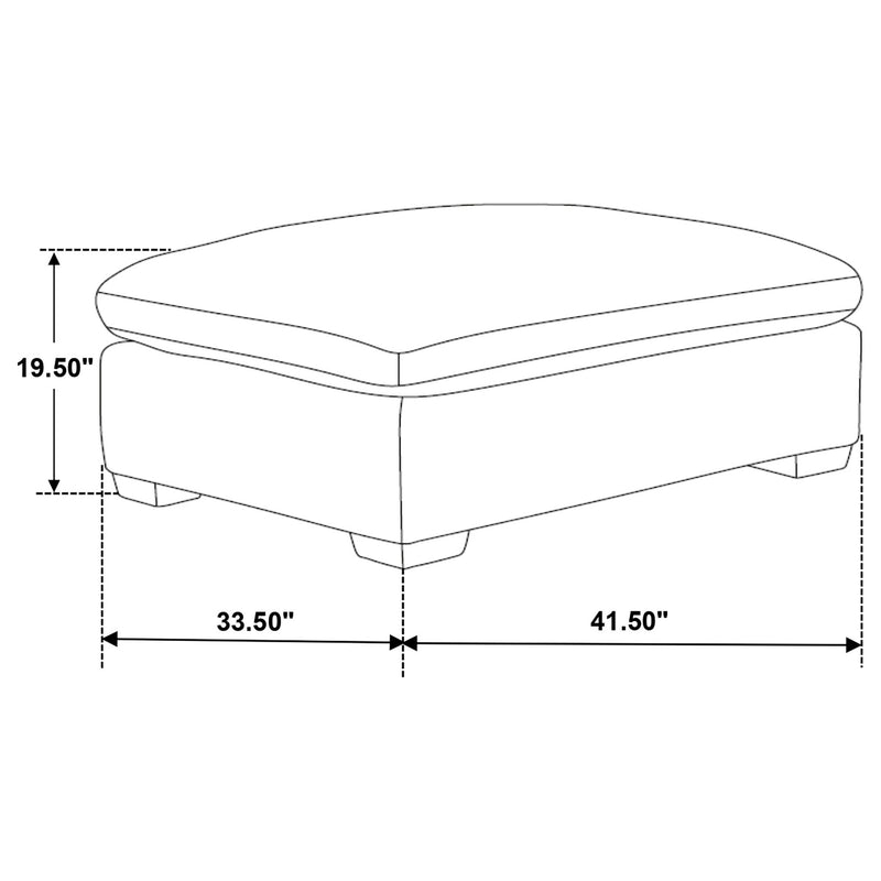 Upholstered ottoman side view dimensions diagram, showing height and width.