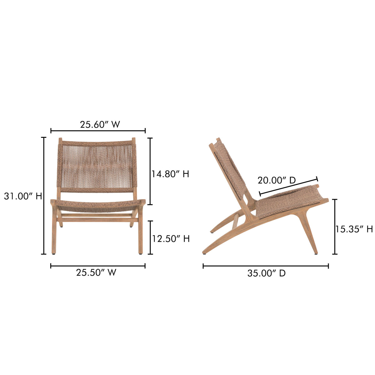 Warm brown outdoor lounge chair with woven back and seat and angled armrests (with dimensions)