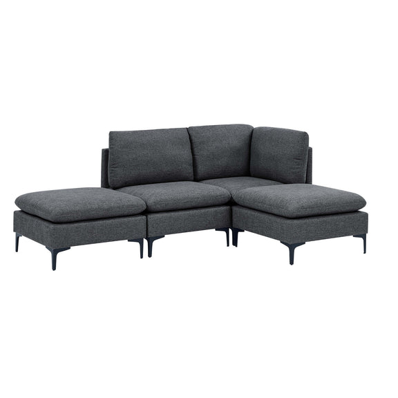 Dark gray upholstered modular sectional with tall legs, corner chaise and ottoman-style seats