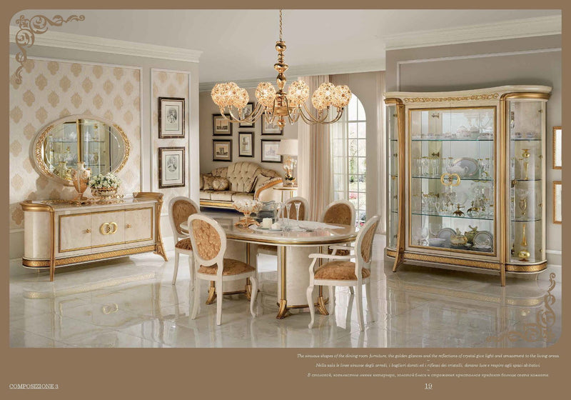 Beige and gold 4-door glass display cabinet with ornate crown and side glass panels