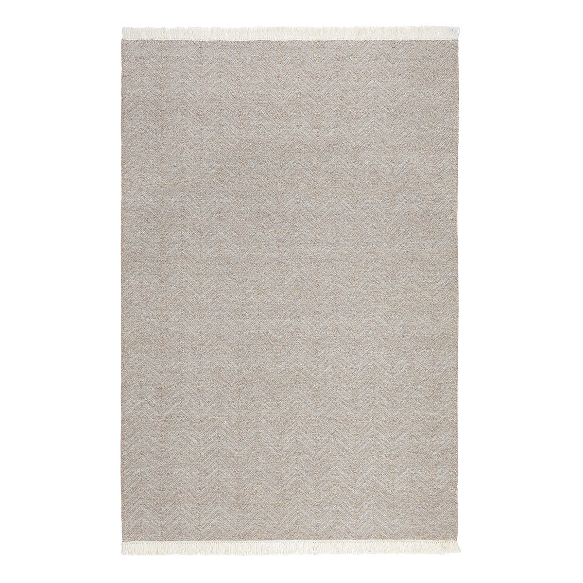 Augusta indoor/outdoor rug in dune beige with subtle chevron pattern and fringed border