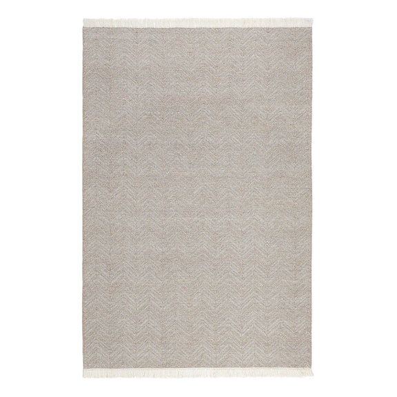 Augusta indoor/outdoor rug in dune beige with subtle chevron pattern and fringed border