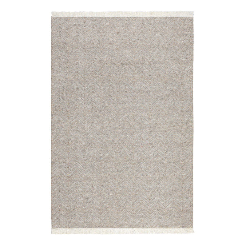 Augusta indoor/outdoor rug in dune beige with subtle chevron pattern and fringed border