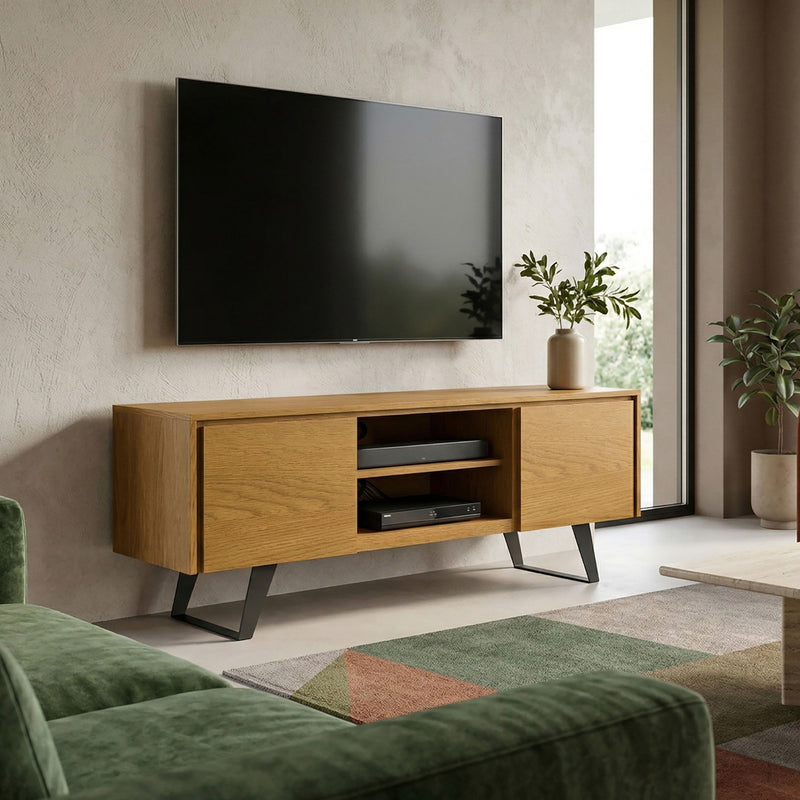 Light brown TV media stand with open center shelf, two side doors, and black metal legs