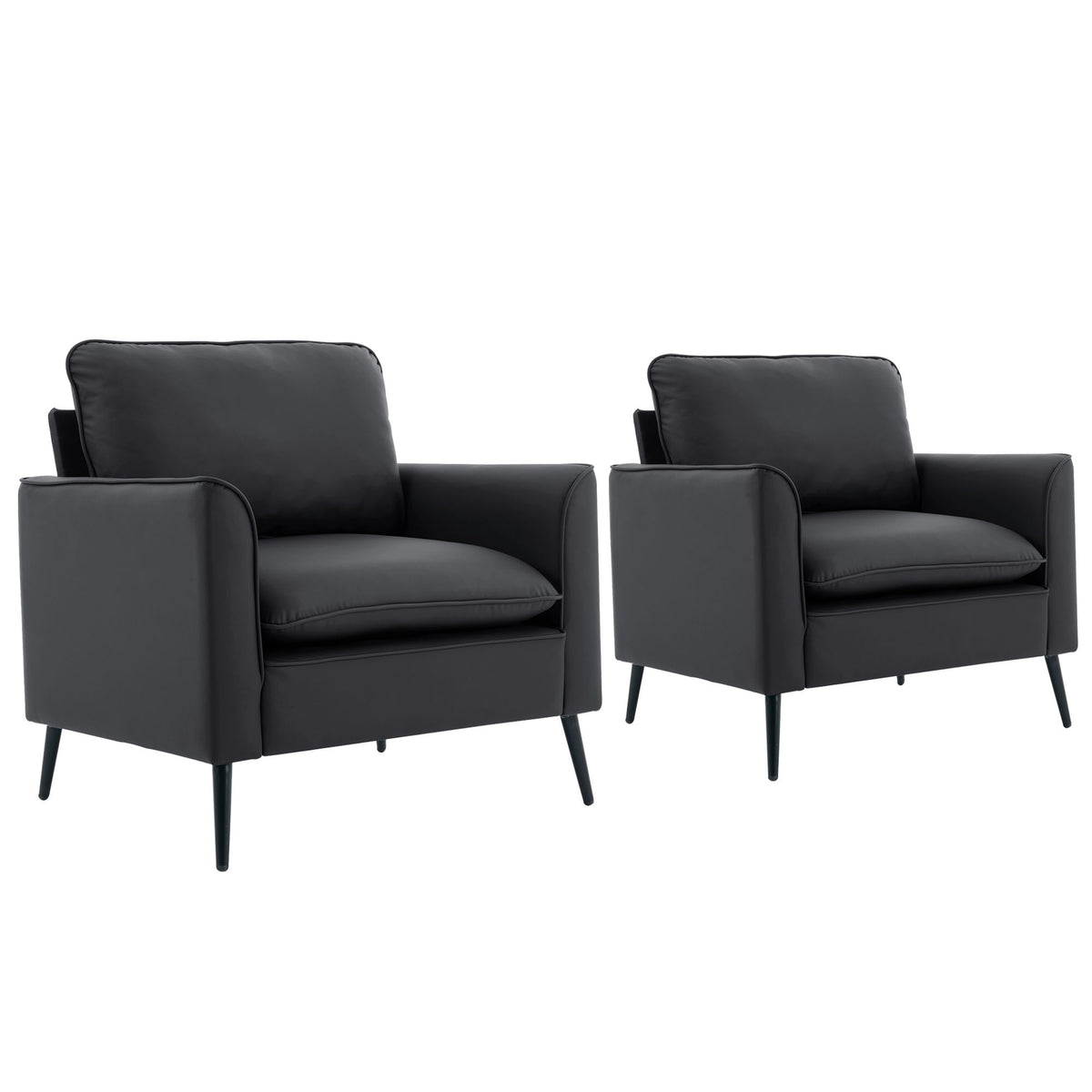 Black upholstered sofa chair pair with padded arms and tapered black legs