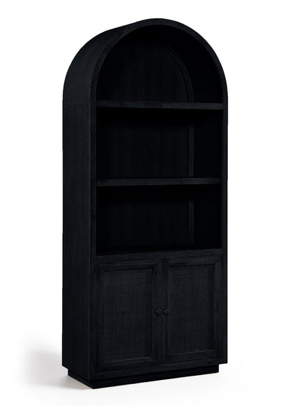 Black oak veneer bookcase with arched top and two open shelves