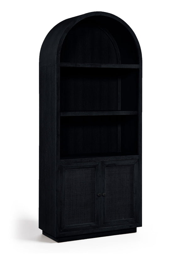 Black oak veneer bookcase with arched top and two open shelves