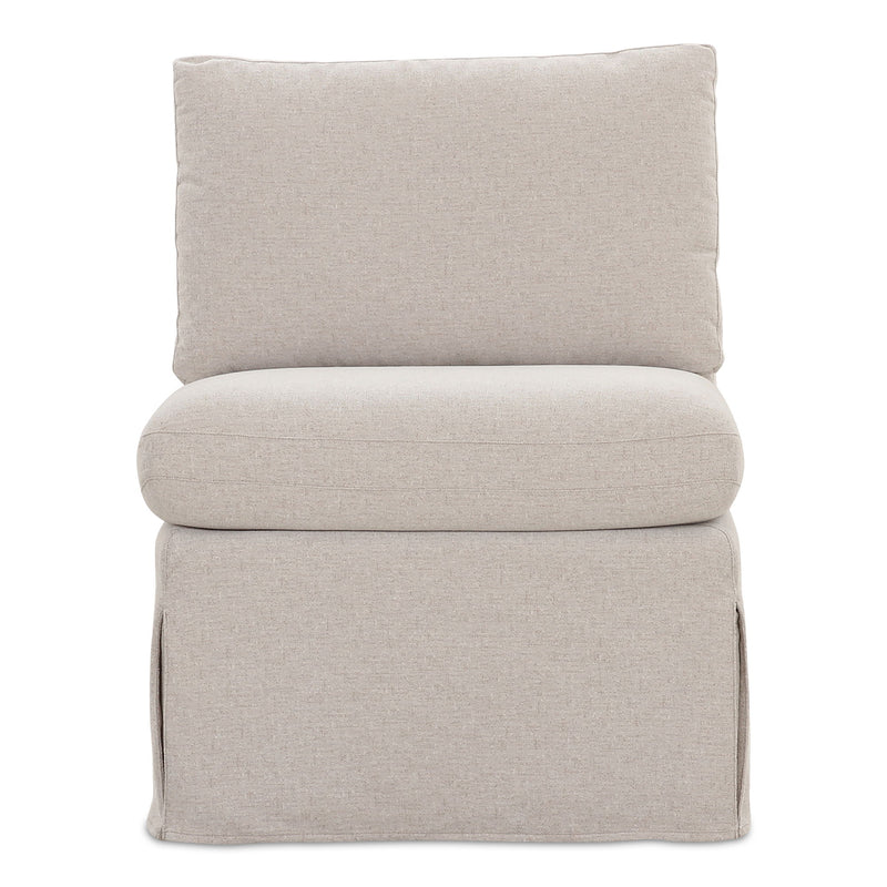 Beige slipcovered slipper dining chair with rounded arms and padded box seat