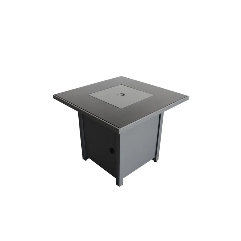 Gray outdoor fire pit table with hinged lid and square top