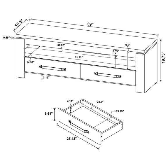 Mango TV stand dimensions: 59" wide, 19.75" high, 15.5" deep; two drawers