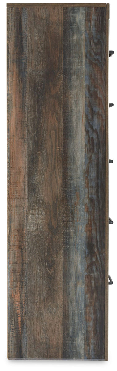 Five-drawer chest side panel in distressed brown wood with black bar handles