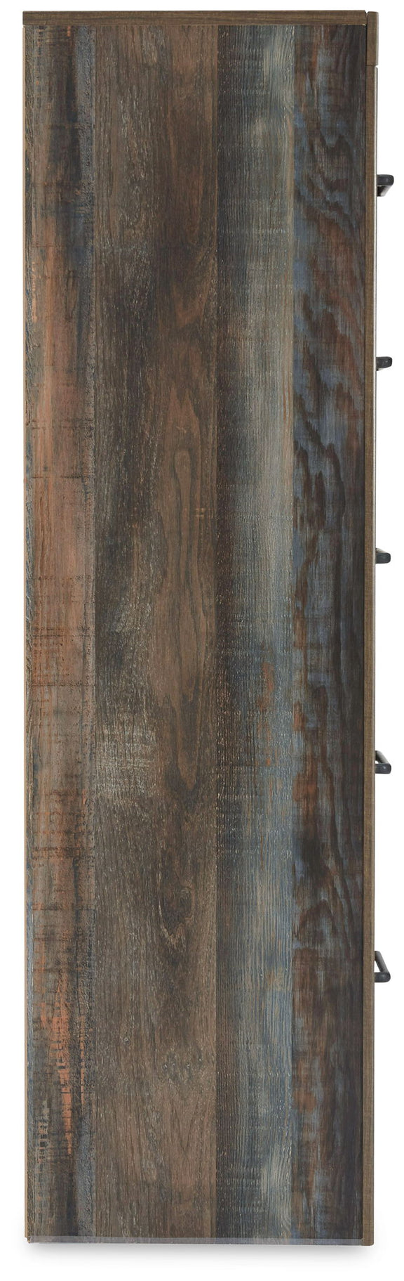 Five-drawer chest side panel in distressed brown wood with black bar handles